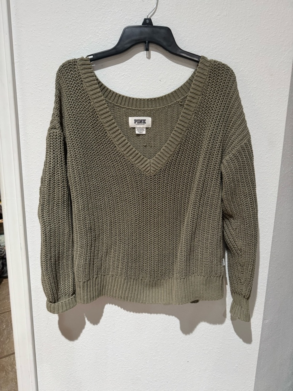 PINK Victoria's Secret Olive Green V-Neck Knit Sweater